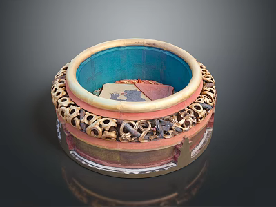 Intricate Carved Ceramic Sculpture Bowl With Blue Interior Gold Red Accents And Decorative Patterns 3d model