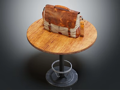 Vintage Brown And Beige Leather Bag On Wooden Round Table With Metal Base 3d model