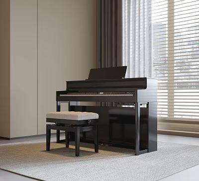 Black Musical Instrument Piano With Padded Stool In Room Interior With Curtains And Windows 3d model