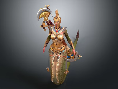 Game Movie Female Character In Elaborate Golden Outfit With Axe And Jeweled Headdress 3d model