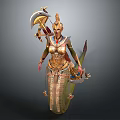 Game Movie Female Character In Elaborate Golden Outfit With Axe And Jeweled Headdress