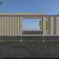 Modern Entrance Gate Design With Vertical Slats Stone Walls And Surrounding Green Trees