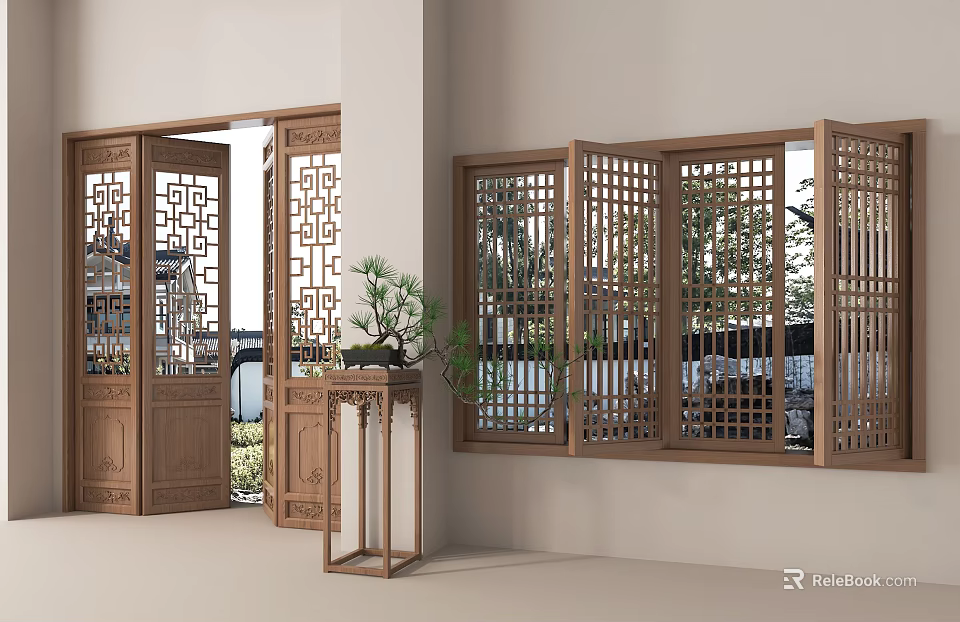 Chinese Style Wooden Screens and Doors with Intricate Carved Patterns for Interior Decor 3d model 
