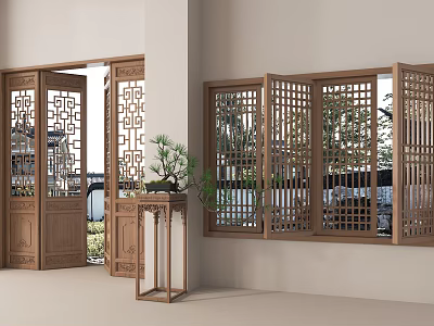 Chinese Style Wooden Screens and Doors with Intricate Carved Patterns for Interior Decor 3d model
