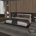 Elegant Modern Double Bed with Wooden Panel Headboard Brown White Bedding and Throw Blanket