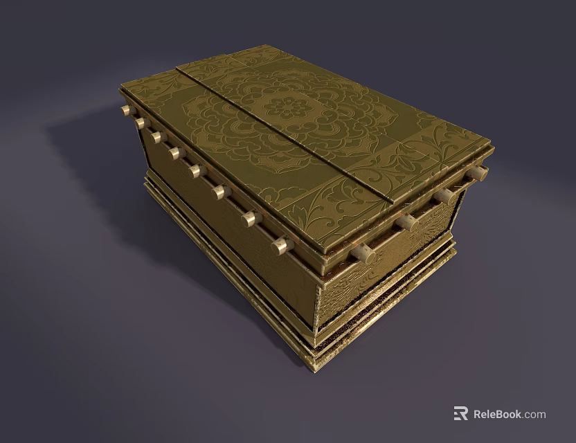 Ornate Brass Decorative Trunk With Carved Floral Patterns And Metal Rivets 3d model 
