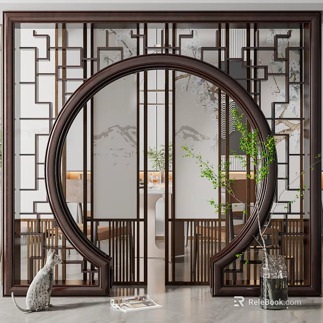 Traditional Chinese Wooden Circular Partition With Lattice Design For Interior Space 3d model 