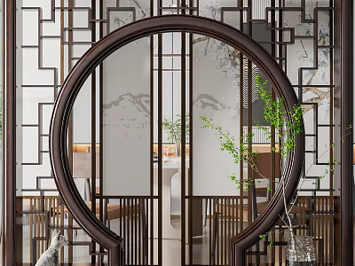 Traditional Chinese Wooden Circular Partition With Lattice Design For Interior Space 3d model
