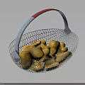 Golden Fried Food Items In Metal Wire Basket With Red Grey Handle