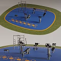 Outdoor Sports Equipment In Public Fitness Area With Blue Surface Green Border And Yellow Markings