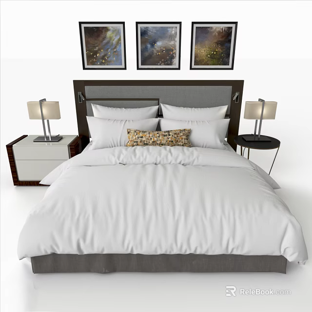 Double Bed with Gray Headboard Three Paintings Nightstands Table Lamps White Bedding Patterned Pillow 3d model