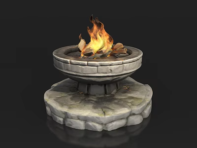 Outdoor Round Stone Fire Pit With Burning Flames And Decorative Base 3d model
