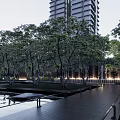 Modern Residential Landscape With High Rise Buildings Entrance Circular Ornament Trees And Lighting