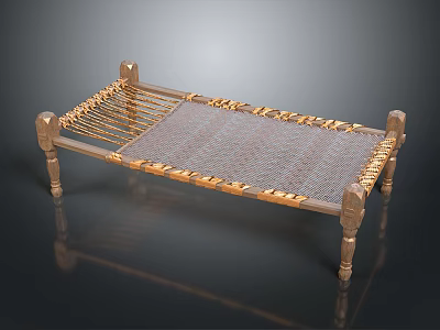 Traditional Wooden Footstool With Handwoven Wicker Surface Ornate Edge Details And Carved Legs 3d model