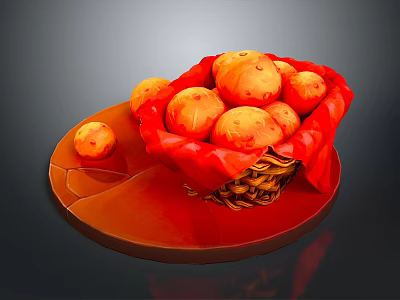 Fresh Orange Potatoes in Wicker Basket with Red Cloth on Brown Plate 3d model