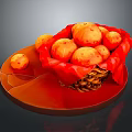 Fresh Orange Potatoes in Wicker Basket with Red Cloth on Brown Plate
