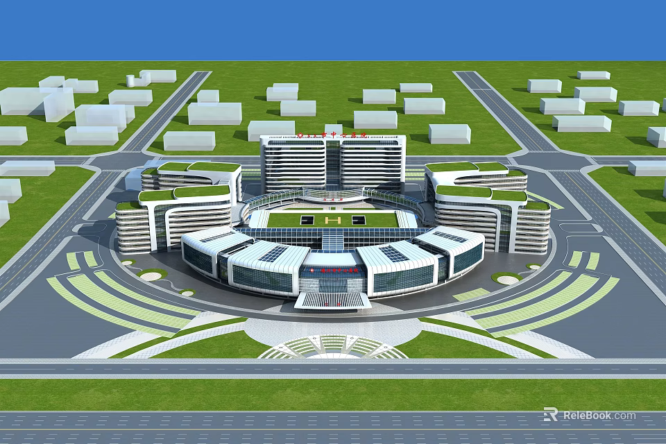 Modern Hospital Building Architectural Design Featuring Circular Layout Central Courtyard And Green Areas 3d model 