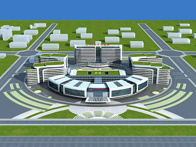 Modern Hospital Building Architectural Design Featuring Circular Layout Central Courtyard And Green Areas 3d model