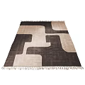 Square Area Rug With Geometric Pattern In Brown And Beige Tones And Fringed Edges