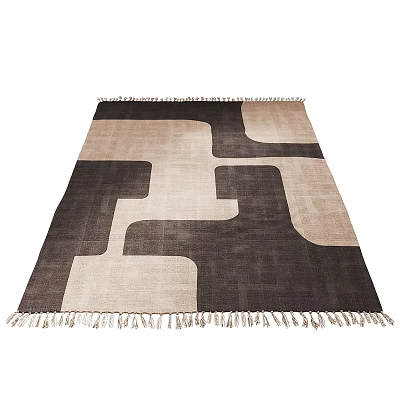 Square Area Rug With Geometric Pattern In Brown And Beige Tones And Fringed Edges 3d model