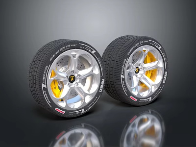 Two High Performance Tires With Silver Alloy Wheel Rims And Yellow Brake Calipers 3d model