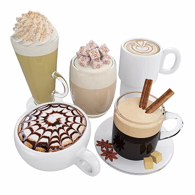 Assorted Coffee Drinks With Latte Art Cinnamon Sticks Star Anise And Sugar Cubes In Mugs 3d model