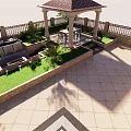 Garden Landscape With Lawn Trees Stone Paving And Outdoor Seating Area