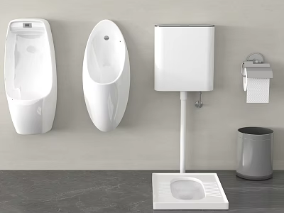 Modern Bathroom Interior Featuring White Wall Mounted Urinals Toilet Paper Holder And Waste Bin 3d model