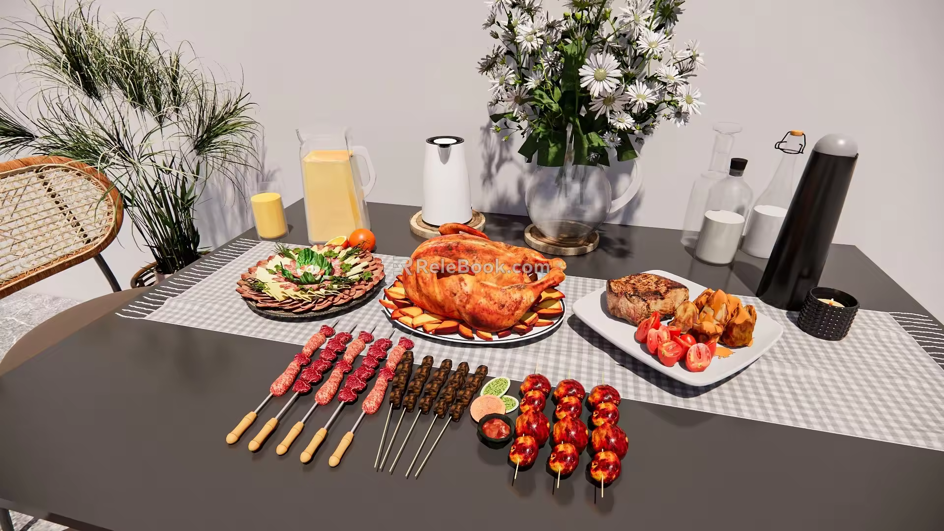 Food Chinese Food Combination Dining Table Gourmet Grilled Skewers Beef Chicken Vase Device Drinks 3d model