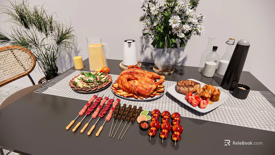 Assorted Food Platter With Roast Chicken Skewers Vegetables Drinks And Fresh Flowers 3d model 