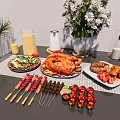 Food Chinese Food Combination Dining Table Gourmet Grilled Skewers Beef Chicken Vase Device Drinks 3d model