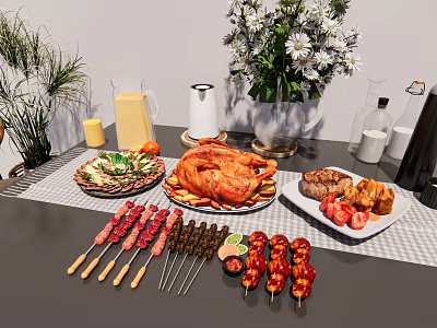 Assorted Food Platter With Roast Chicken Skewers Vegetables Drinks And Fresh Flowers 3d model