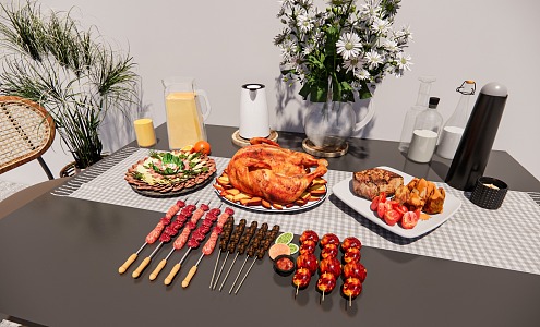 Food Chinese Food Combination Dining Table Gourmet Grilled Skewers Beef Chicken Vase Device Drinks 3d model