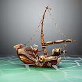 Vintage Wooden Boat With Small Sail and Miniature Figure On Green Map Surface