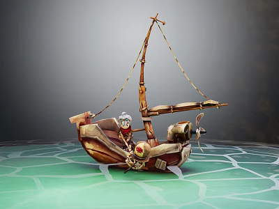 Vintage Wooden Boat With Small Sail and Miniature Figure On Green Map Surface 3d model