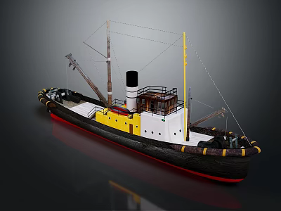 Vintage Ship Model With Yellow White Hull Black Chimney Mast And Ropes 3d model