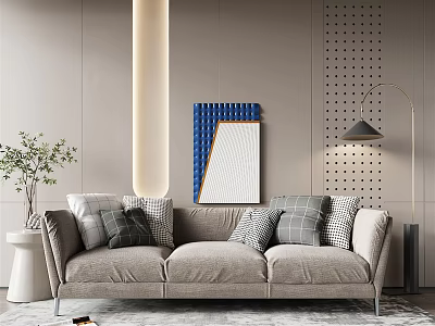 Three Seater Beige Sofa with Plush Cushions Modern Abstract Art Floor Lamp and Potted Plant 3d model