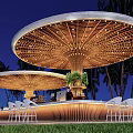 Modern Pergola Outdoor Night Scene With Palm Trees Bar Counter And White Chairs Design