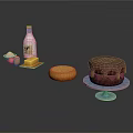 Chocolate Cake Display With Milk Eggs Butter Flour and Orange Pastry on Blue Stand