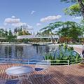 Aerial View of Lush Waterfront Landscape with Blue Water Curved Paths and Green Trees