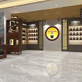 Tobacco and Liquor Store Interior with Golden Display Shelves Wine Tea Products and Marble Counter