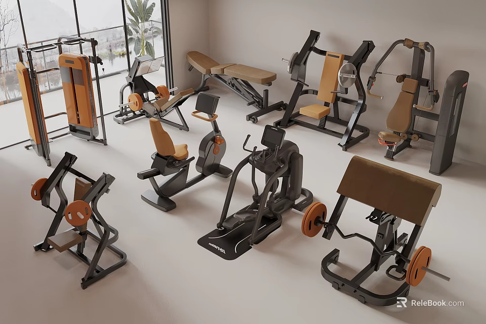 Modern Fitness Equipment Collection In Indoor Gym With Weight Machines Exercise Benches And Trainers 3d model 