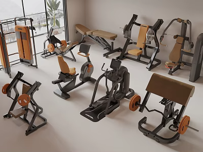 Modern Fitness Equipment Collection In Indoor Gym With Weight Machines Exercise Benches And Trainers 3d model