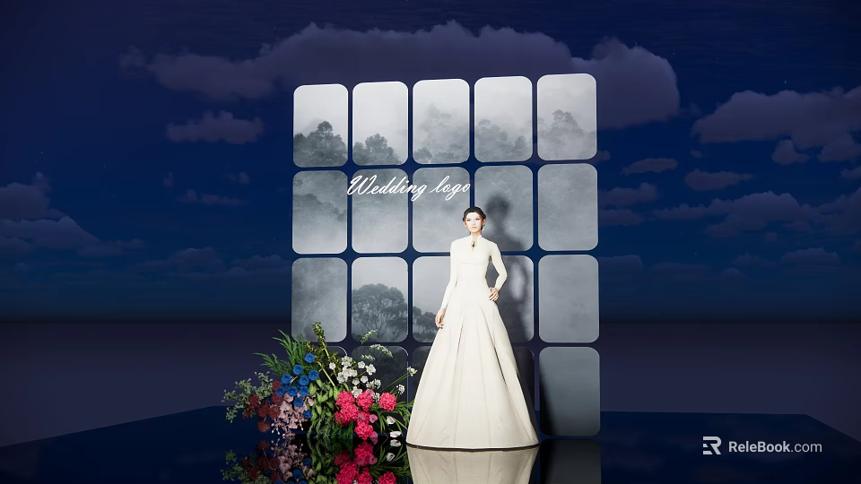 Wedding Photo Spot With Bridal Gown Grid Window Cloudy Background And Flowers 3d model 