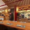 Warm Ambiance Japanese Restaurant Interior With Wooden Tables Chairs Orange Cushions Bar Counter Decorative Paintings