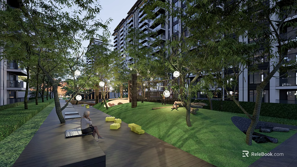 Residential Landscape With High Rise Buildings Lush Trees Green Lawn Wooden Walkway Benches Yellow Cushions 3d model 