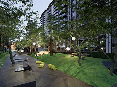 Residential Landscape With High Rise Buildings Lush Trees Green Lawn Wooden Walkway Benches Yellow Cushions 3d model