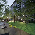 Residential Landscape With High Rise Buildings Lush Trees Green Lawn Wooden Walkway Benches Yellow Cushions