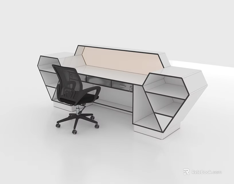 Modern Geometric White Reception Desk With Storage Compartments And Black Chair 3d model 
