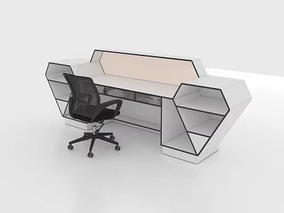 Modern Geometric White Reception Desk With Storage Compartments And Black Chair 3d model